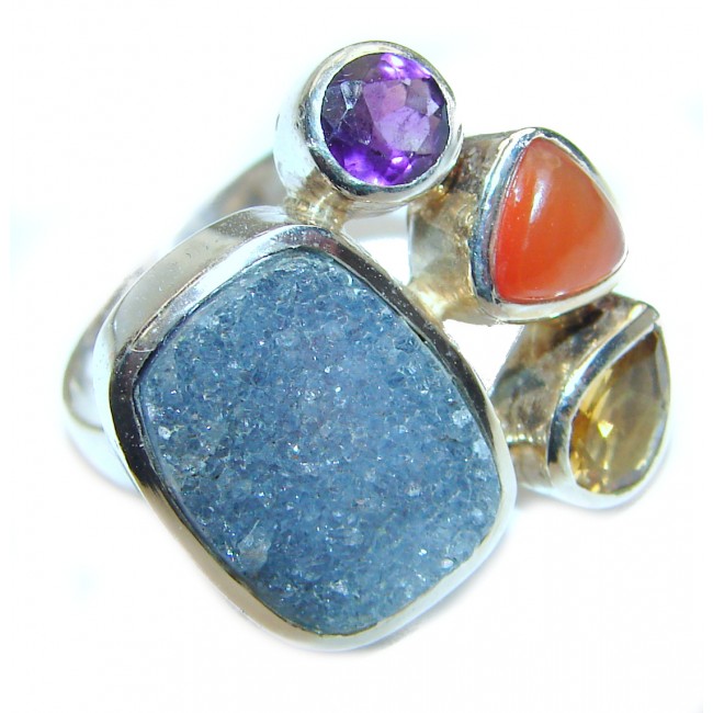 Exotic Druzy Agate Sterling Silver Ring s. 7 adjustable