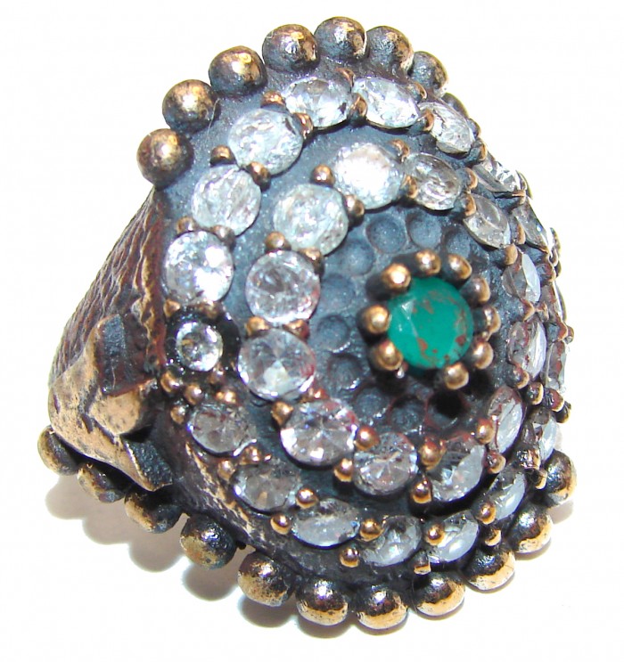 Victorian Style created Emerald & White Topaz Copper over Sterling Silver ring; s. 6 1/2