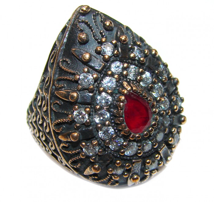 Large Victorian Style created Ruby & White Topaz Sterling Silver ring; s. 6