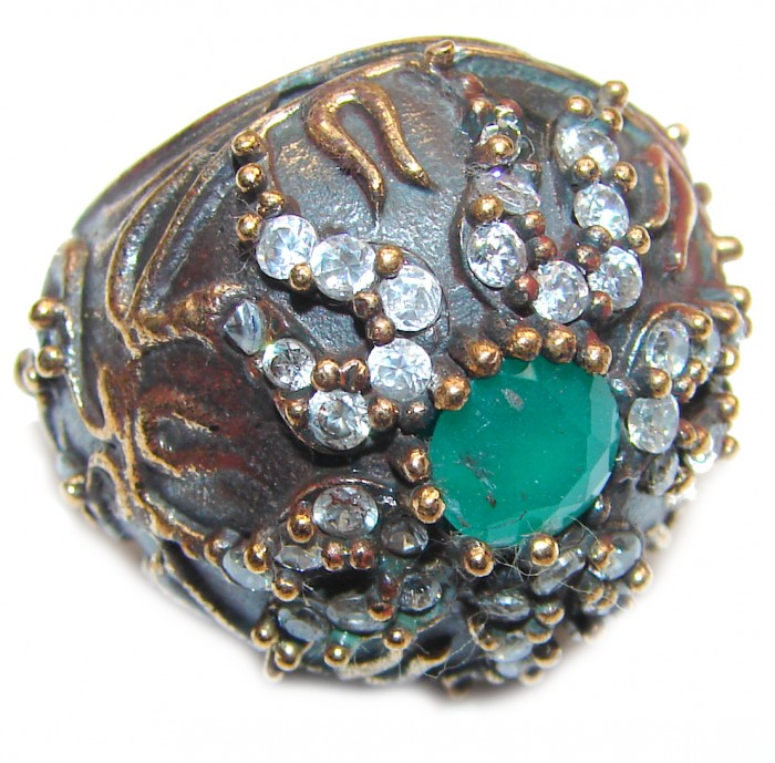 Victorian Style created Emerald & White Topaz Sterling Silver Ring s. 6 1/4