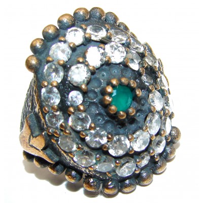 Victorian Style created Emerald & White Topaz Copper over Sterling Silver ring; s. 6 1/4