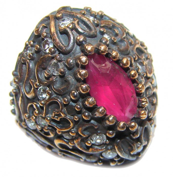 Large Victorian Style created Ruby & White Topaz Sterling Silver ring; s. 6
