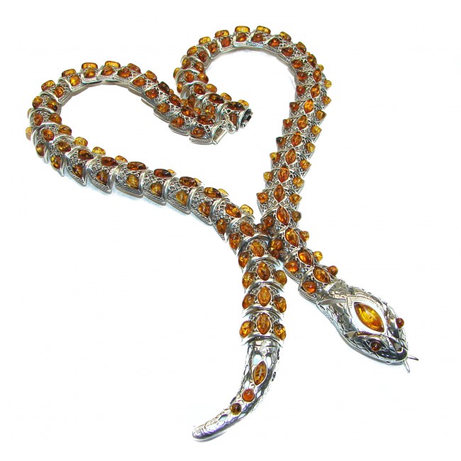 LARGE MASTERPIECE Snake authentic Baltic Amber .925 Sterling Silver brilliantly handcrafted necklace