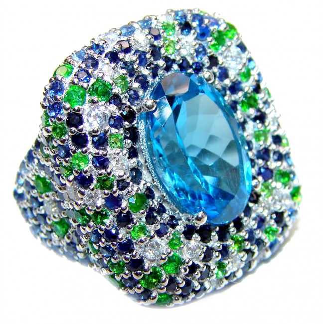 Spectacular Genuine 25ctw Swiss Blue Topaz .925 Sterling Silver handcrafted Statement Ring size 7 1/4