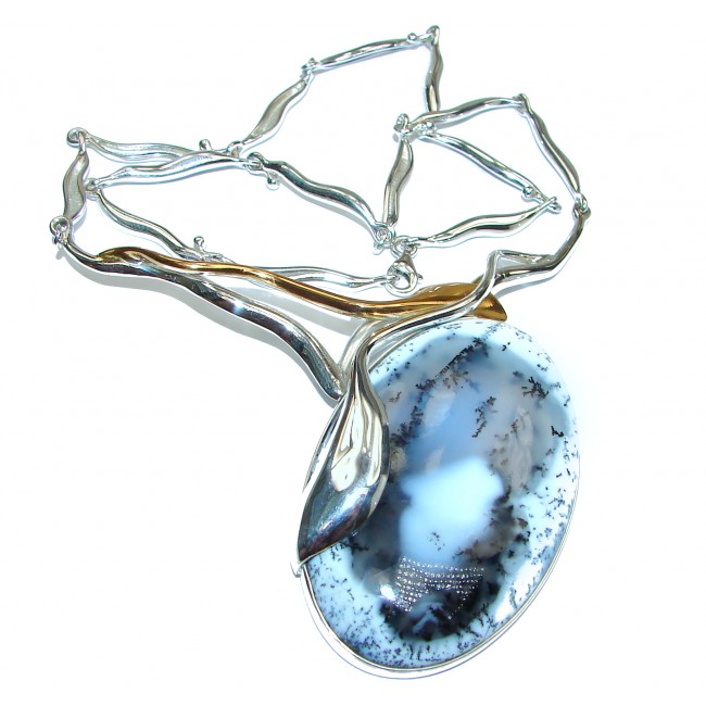 Oversized genuine Dendritic Agate two tones .925 Sterling Silver handcrafted necklace