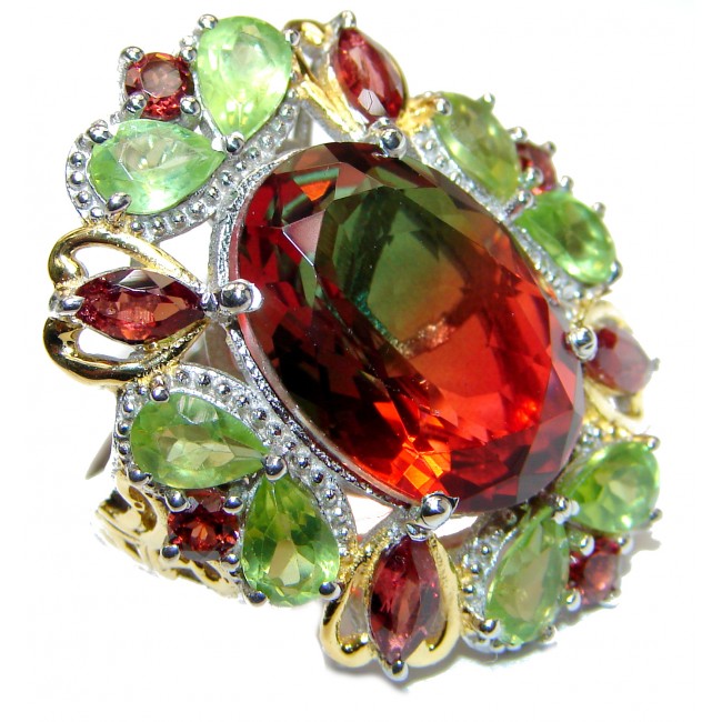 HUGE Oval cut Watermelon Tourmaline 18K Gold over .925 Sterling Silver handcrafted Ring s. 8