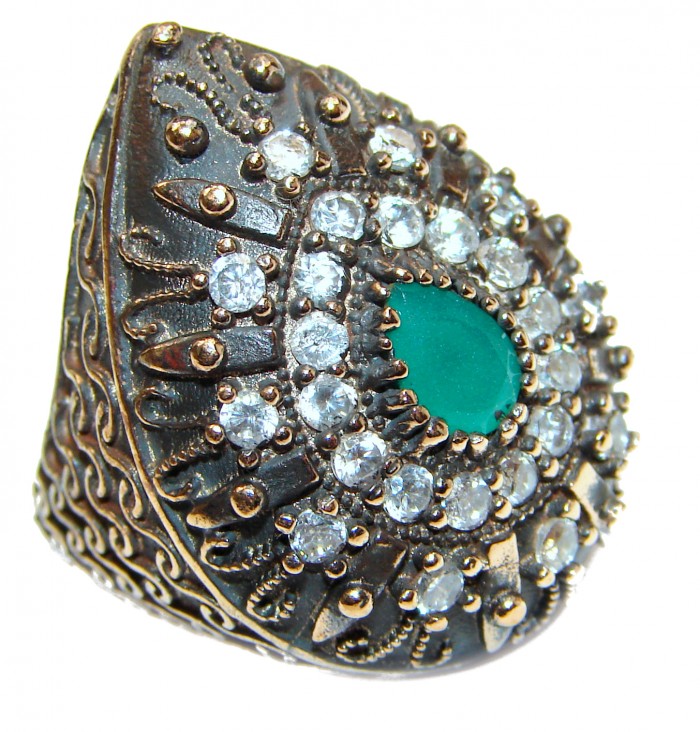 Victorian Style created Emerald & White Topaz Copper over Sterling Silver ring; s. 6 1/4