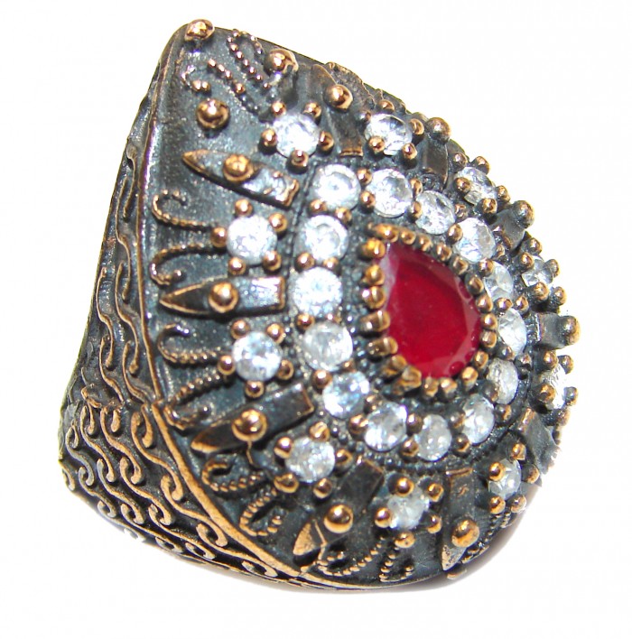 Large Victorian Style created Ruby & White Topaz Sterling Silver ring; s. 6