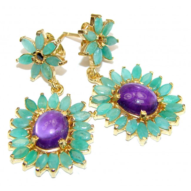Vintage Design Authentic Amethyst Emerald 24K Gold over .925 Sterling Silver handmade earrings