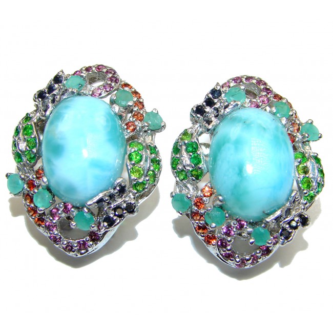 Blue Treasure Larimar Ruby Tsavorite Garnet .925 Sterling Silver stud earrings