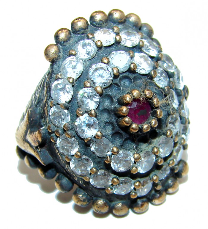 Large Victorian Style created Ruby & White Topaz Sterling Silver ring; s. 7