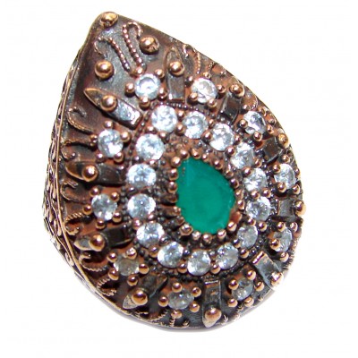 Victorian Style created Emerald & White Topaz Copper over Sterling Silver ring; s. 5 1/2