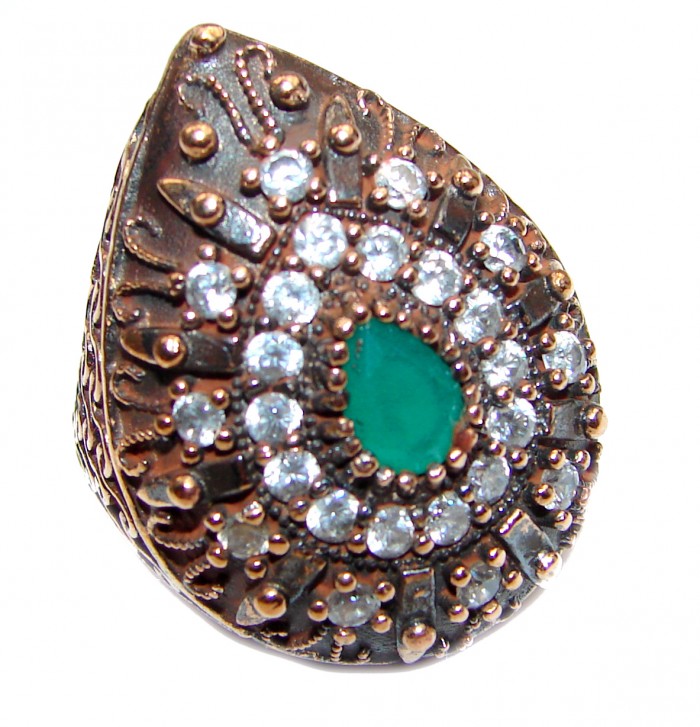 Victorian Style created Emerald & White Topaz Copper over Sterling Silver ring; s. 5 1/2