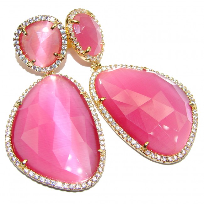 Large Very Unique Pink Cats Eye 14K Gold over .925 Sterling Silver earrings