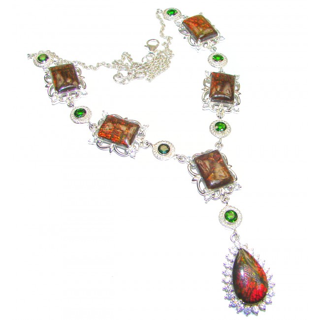 One of the kind Natural Canadian Ammolite Chrome Diopside .925 Sterling Silver handmade necklace