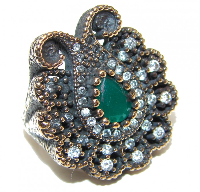 Victorian Style created Emerald & White Topaz Copper over Sterling Silver ring; s. 7