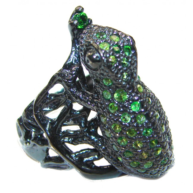 Lizard Travorite Garnet black rhodium .925 Sterling Silver handcrafted ring; s. 8