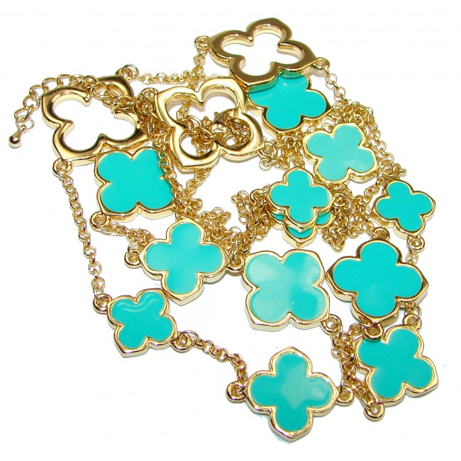 Gold over Sterling Silver lab. Turquoise Clover 38 inches Long Station Necklace