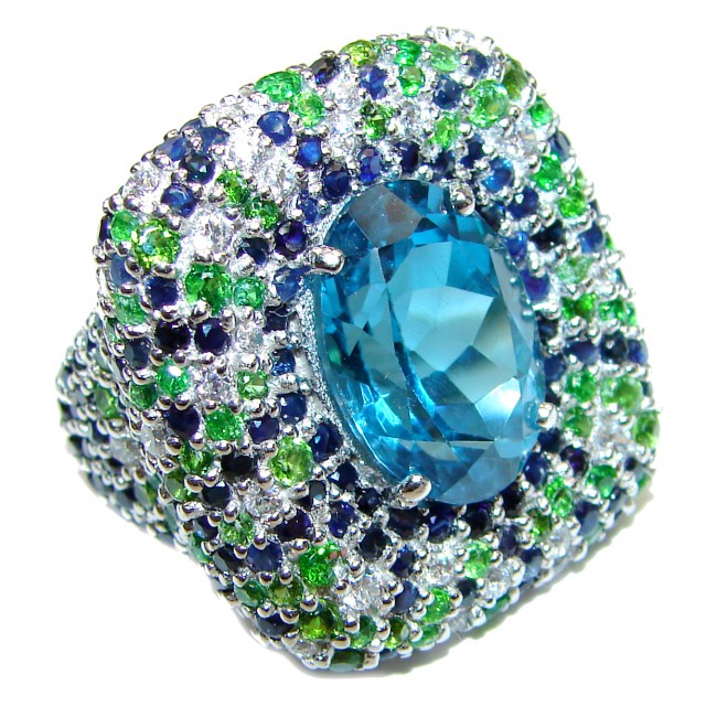 Spectacular Genuine 25ctw Swiss Blue Topaz .925 Sterling Silver handcrafted Statement Ring size 8