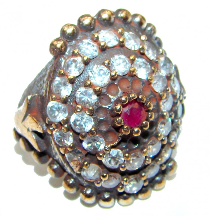 Large Victorian Style created Ruby & White Topaz Sterling Silver ring; s. 6 1/4