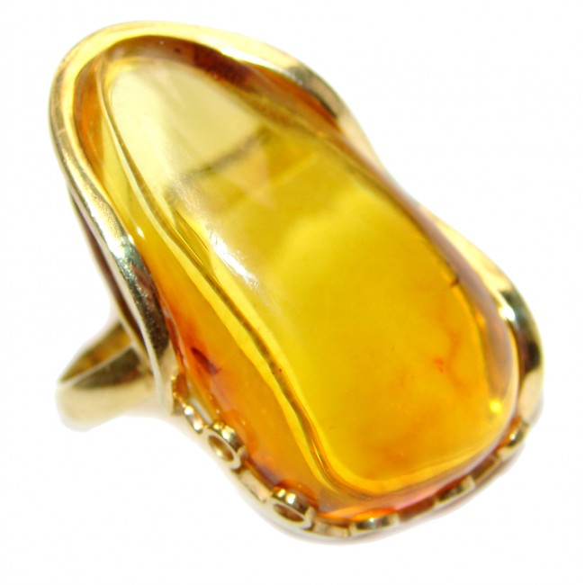 Huge Authentic Baltic Amber 14K Gold .925 Sterling Silver handcrafted ring; s. 8 adjustable