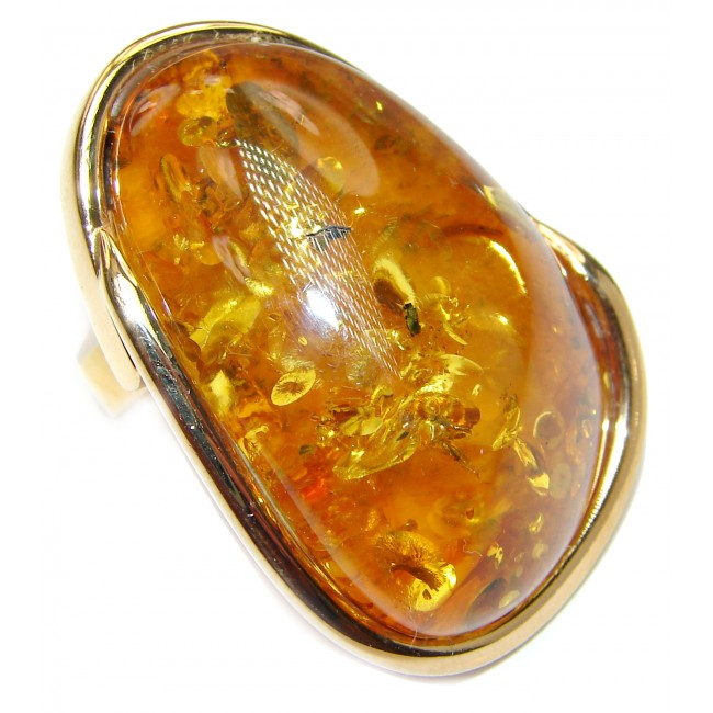 LARGE Genuine Baltic Amber 18K Gold over .925 Sterling Silver handmade Ring size 8 adjustable