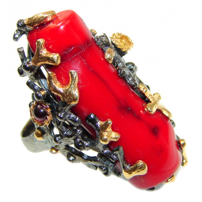 Natural Fossilized Coral 18K Gold over .925 Sterling Silver handmade LARGE ring s. 8
