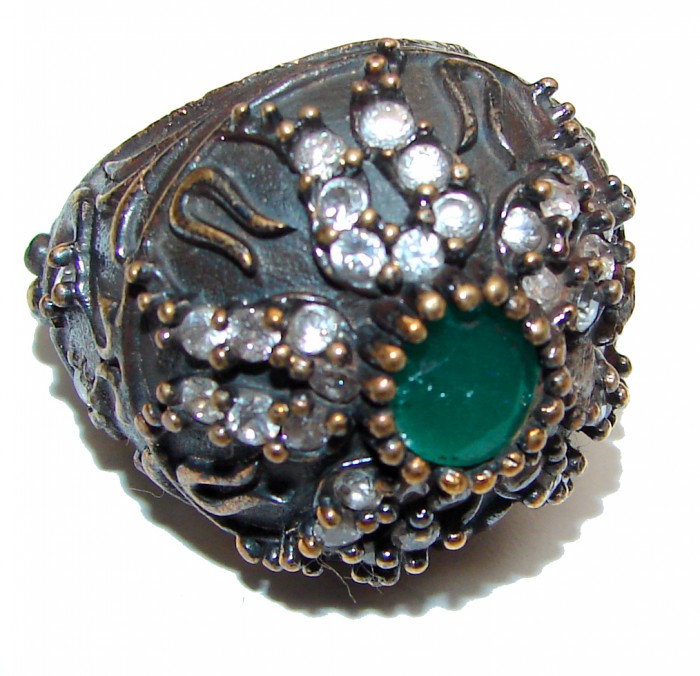Victorian Style created Emerald & White Topaz Sterling Silver Ring s. 6