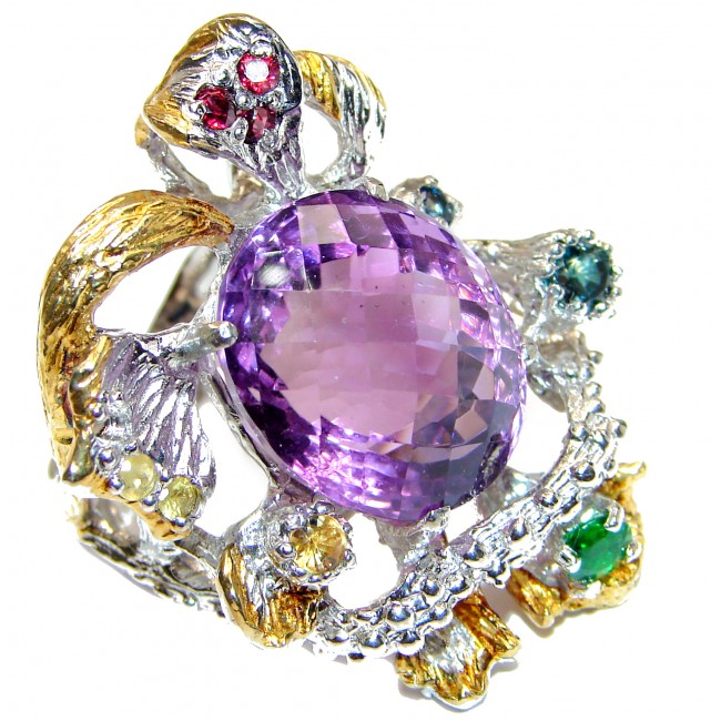 Large Royal style Natural Amethyst 18K Gold over .925 Sterling Silver handcrafted ring size 8