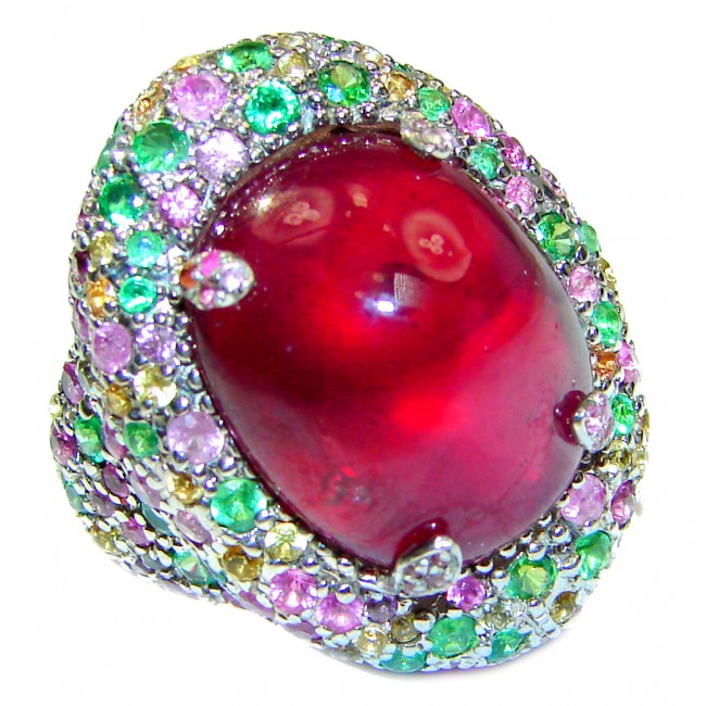 Large Genuine 32ctw Ruby Emerald .925 Sterling Silver handcrafted Statement Ring size 7 3/4