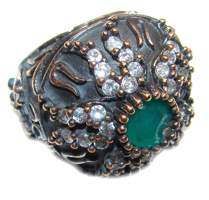 Victorian Style created Emerald & White Topaz Sterling Silver Ring s. 6