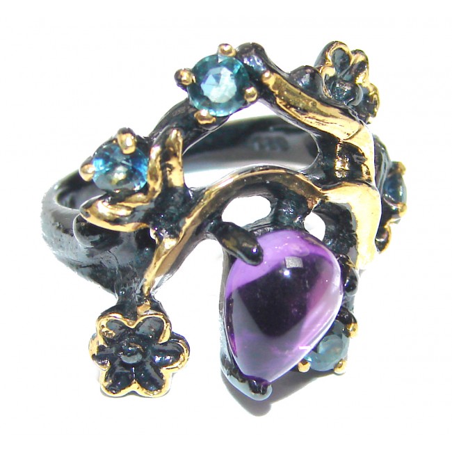 Royal style Natural Amethyst 18K Gold black rhodium over .925 Sterling Silver handcrafted ring size 8