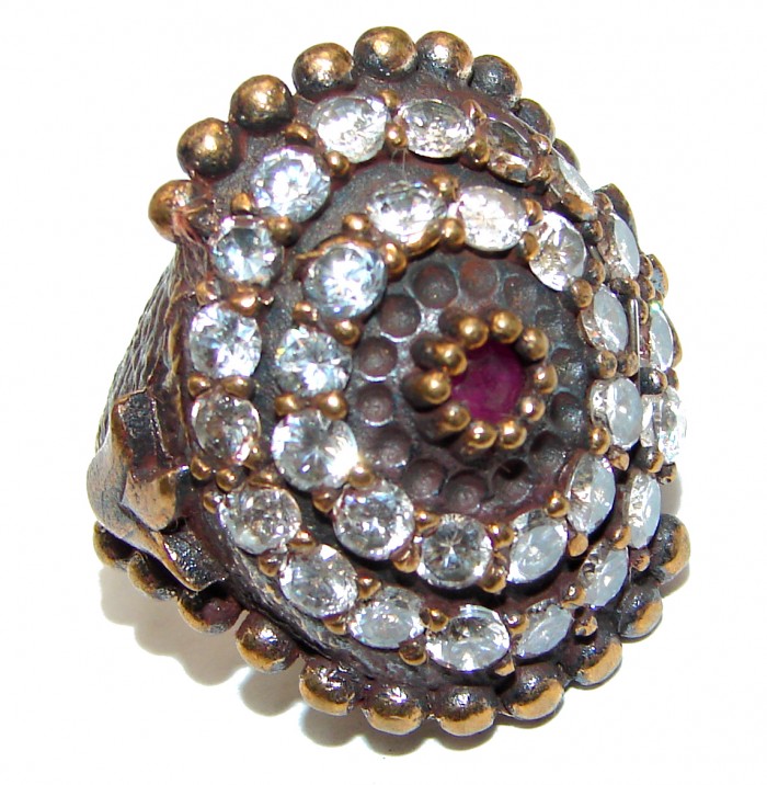 Victorian Style created Ruby & White Topaz Copper over Sterling Silver ring; s. 6