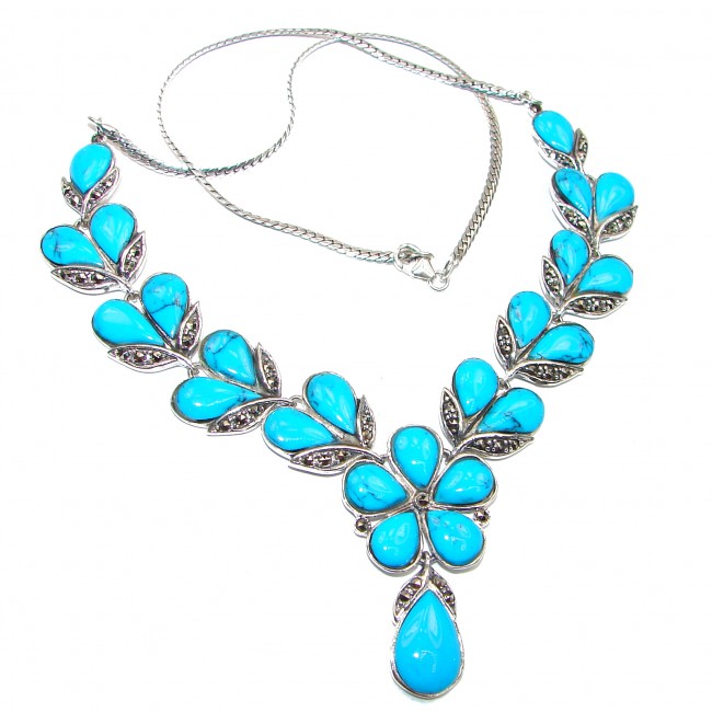 Posh large Turquoise Marcasite .925 Sterling Silver handcrafted necklace