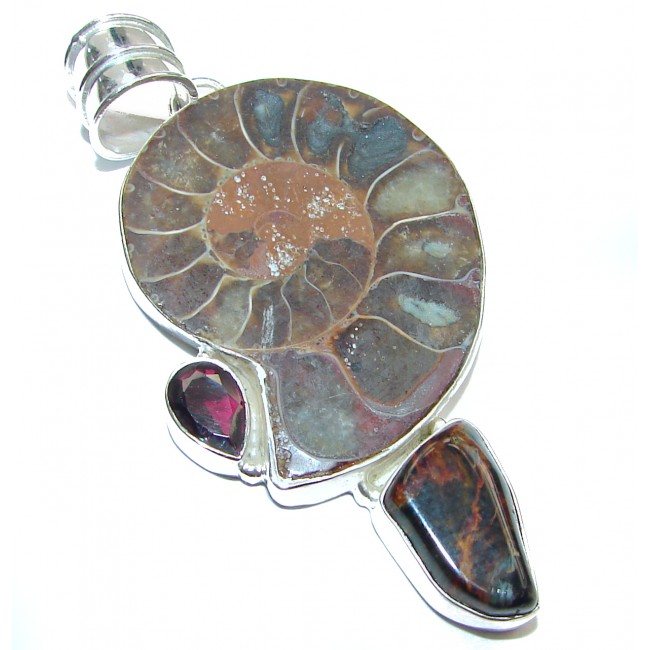Back to Nature Brown Ammonite Fossil .925 Sterling Silver handmade LARGE Pendant