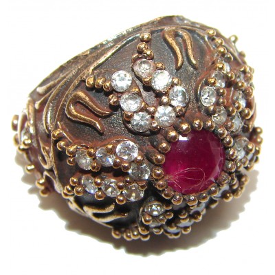 Victorian Style created Ruby & White Topaz Copper over Sterling Silver ring; s. 6 1/4