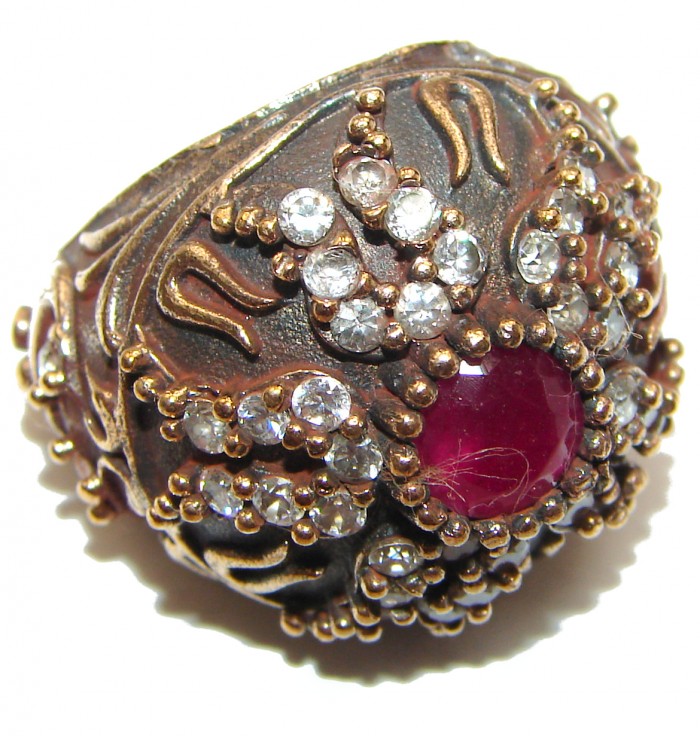 Victorian Style created Ruby & White Topaz Copper over Sterling Silver ring; s. 6 1/4