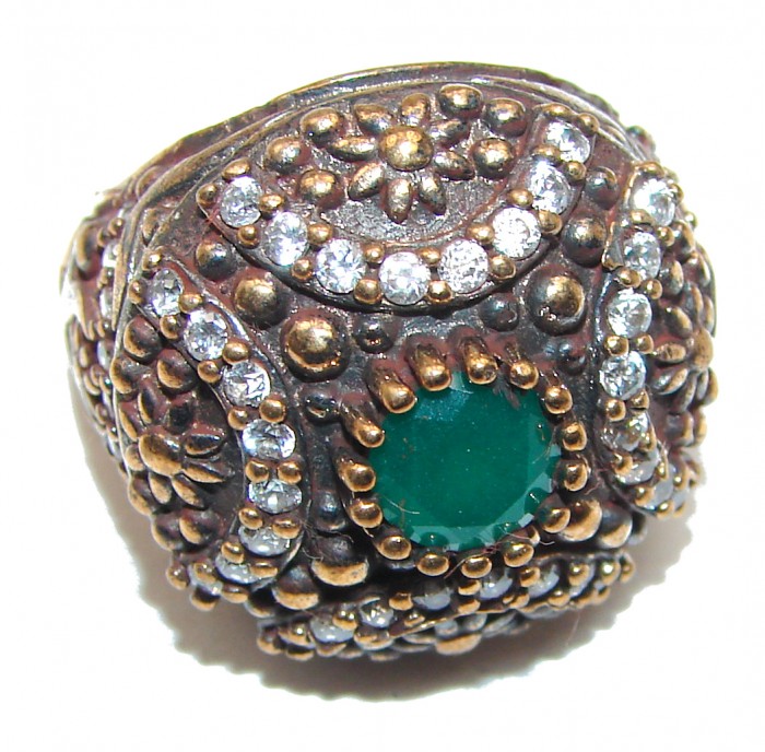 Victorian Style created Emerald & White Topaz Sterling Silver Ring s. 6 1/4