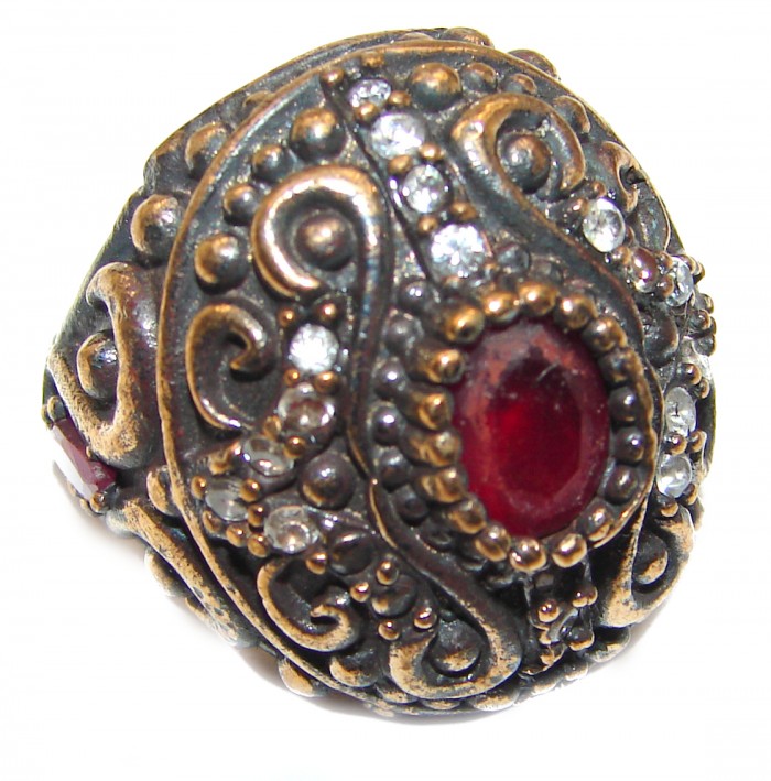 Victorian Style created Ruby & White Topaz Copper over Sterling Silver ring; s. 6 1/4