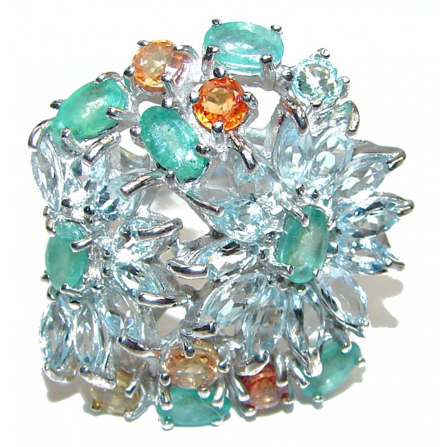Splendid genuine Aquamarine multicolor Sapphire .925 Sterling Silver Ring size 9