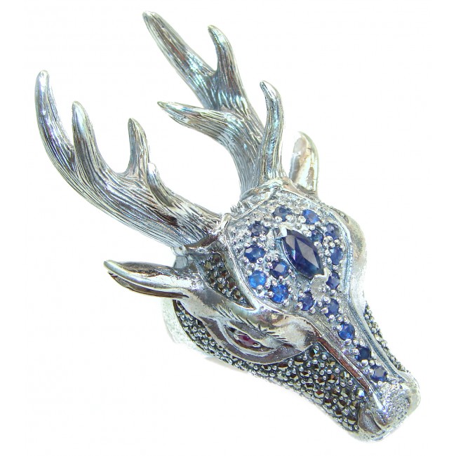 Large Deer Head Sapphire .925 Sterling Silver handmade Ring size 8 3/4