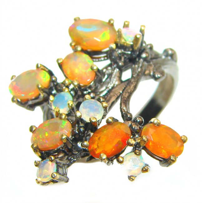 Fancy Mexican Opal Ethiopian Opal black rhodium over .925 Sterling Silver handcrafted ring size 8 1/4