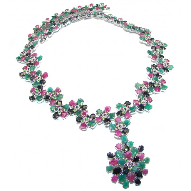 Huge Royal quality authentic Ruby Emerald Sapphire .925 Sterling Silver handcarfted necklace