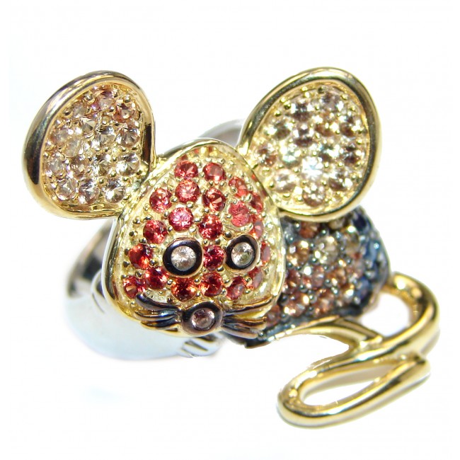 Cute Mouse Genuine Garnet 18ct Gold Rhodium over .925 Sterling Silver handmade Cocktail Ring s. 7