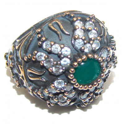 Victorian Style created Emerald & White Topaz Sterling Silver Ring s. 6 1/4