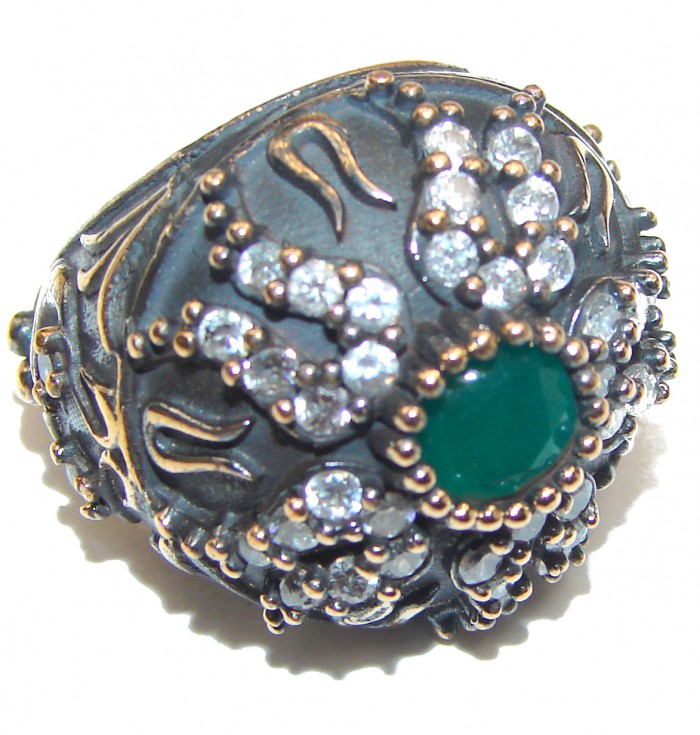 Victorian Style created Emerald & White Topaz Sterling Silver Ring s. 6 1/4