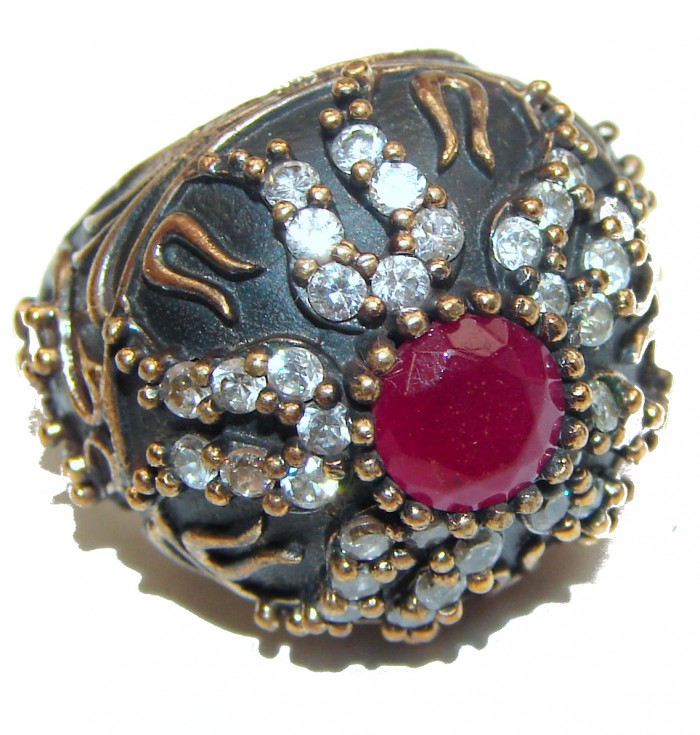 Victorian Style created Ruby & White Topaz Copper over Sterling Silver ring; s. 6 1/4