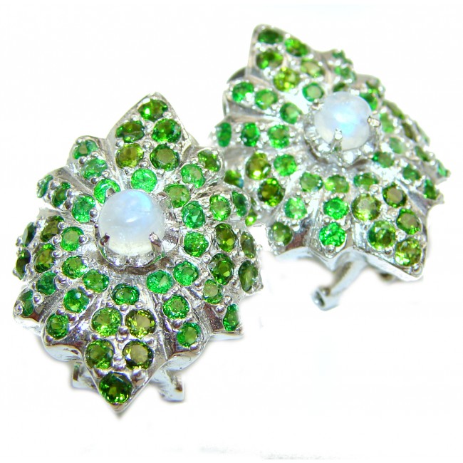 Fabulous Rainbow Moonstone & Chrome Diopside .925 Sterling Silver handcrafted stud earrings