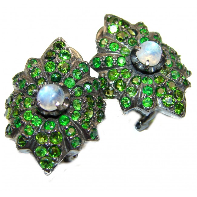 Fabulous Rainbow Moonstone & Chrome Diopside black rhodium over .925 Sterling Silver handcrafted stud earrings