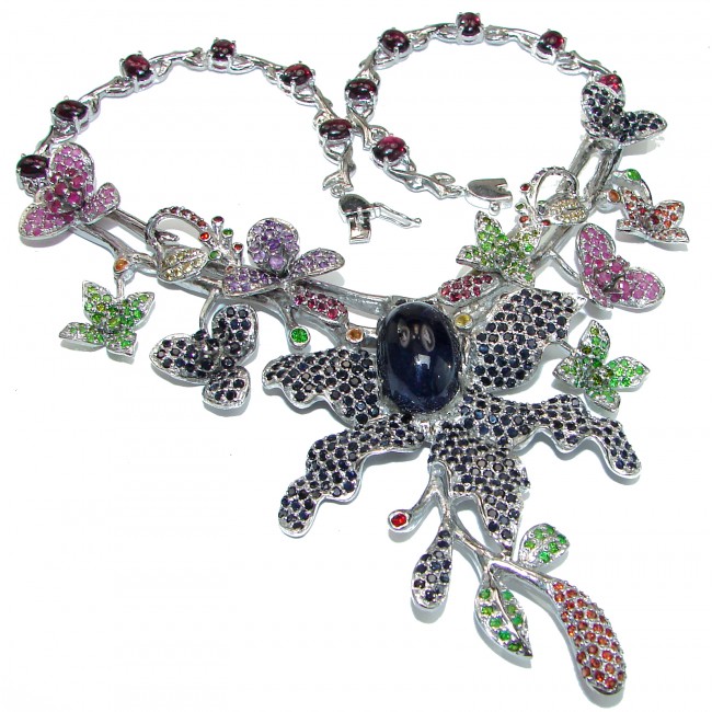 Magnificent Jewel authentic Sapphire Kashmir Ruby Emerald .925 Sterling Silver handcrafted necklace